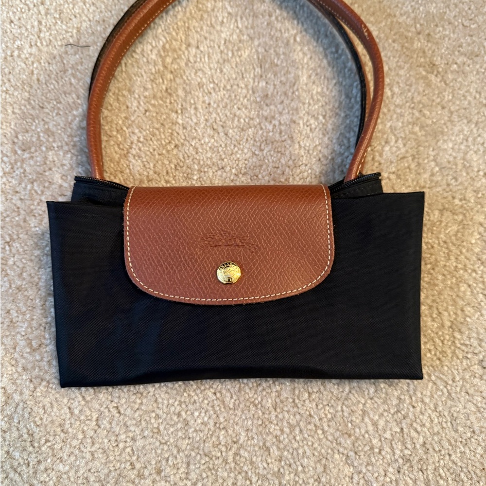 Longchamp Black Medium Nylon Shoulder Bag with Brown Leather Trim